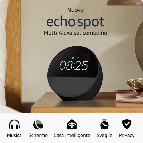 Nuovo Amazon Echo Spot (modello 2024) | Sveglia intelligente con audio di qualità e Alexa | Nero