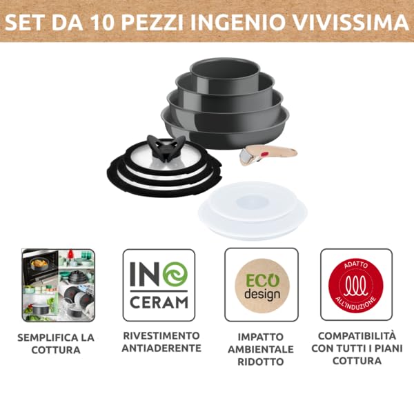 Lagostina Ingenio Vivissima, Set 10 Pentole in Ceramica Antiaderente con Manico Rimovibile, 100% Alluminio Riciclato con Tecnologia Thermo-Signal per Tutte le Fonti di Calore Inclusa Induzione