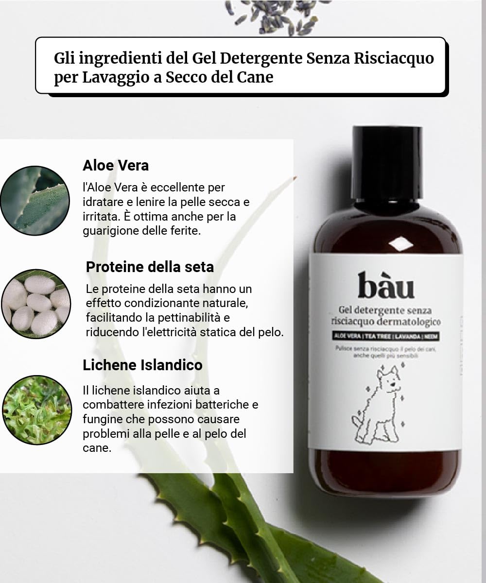 Bau Cosmesi Gel Detergente Senza Risciacquo, Shampoo Secco per Cani, Igienizzante e Idratante - Senza Parabeni e Siliconi, Naturale e Bio con Aloe Vera - Dermatologico, 250 ml
