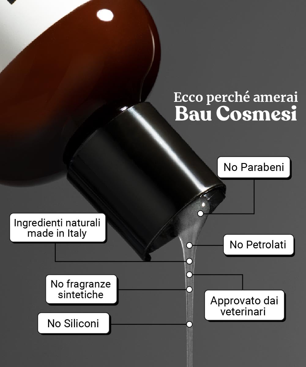 Bau Cosmesi Gel Detergente Senza Risciacquo, Shampoo Secco per Cani, Igienizzante e Idratante - Senza Parabeni e Siliconi, Naturale e Bio con Aloe Vera - Dermatologico, 250 ml