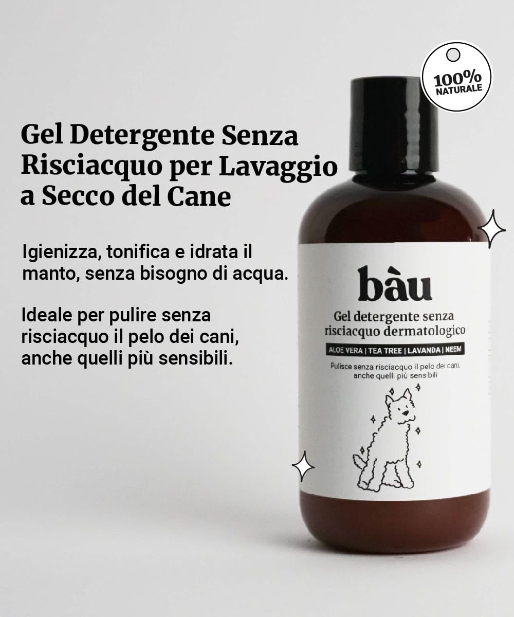 Bau Cosmesi Gel Detergente Senza Risciacquo, Shampoo Secco per Cani, Igienizzante e Idratante - Senza Parabeni e Siliconi, Naturale e Bio con Aloe Vera - Dermatologico, 250 ml