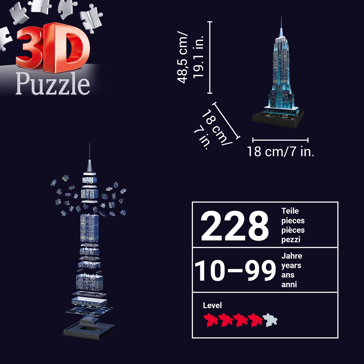 Ravensburger - 3D Puzzle Empire State Building Night Edition con Luce, New York, 216 Pezzi, 8+ Anni