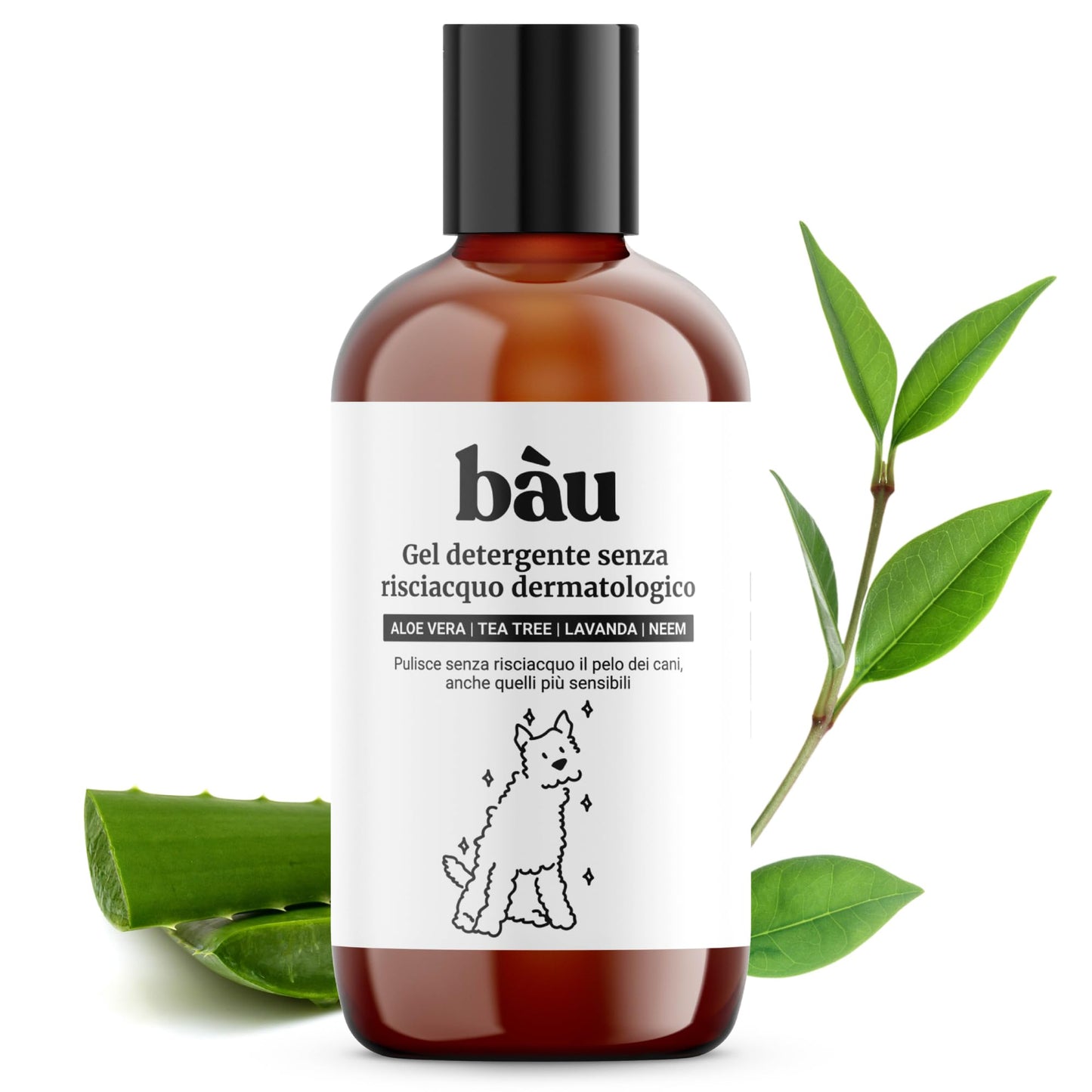 Bau Cosmesi Gel Detergente Senza Risciacquo, Shampoo Secco per Cani, Igienizzante e Idratante - Senza Parabeni e Siliconi, Naturale e Bio con Aloe Vera - Dermatologico, 250 ml