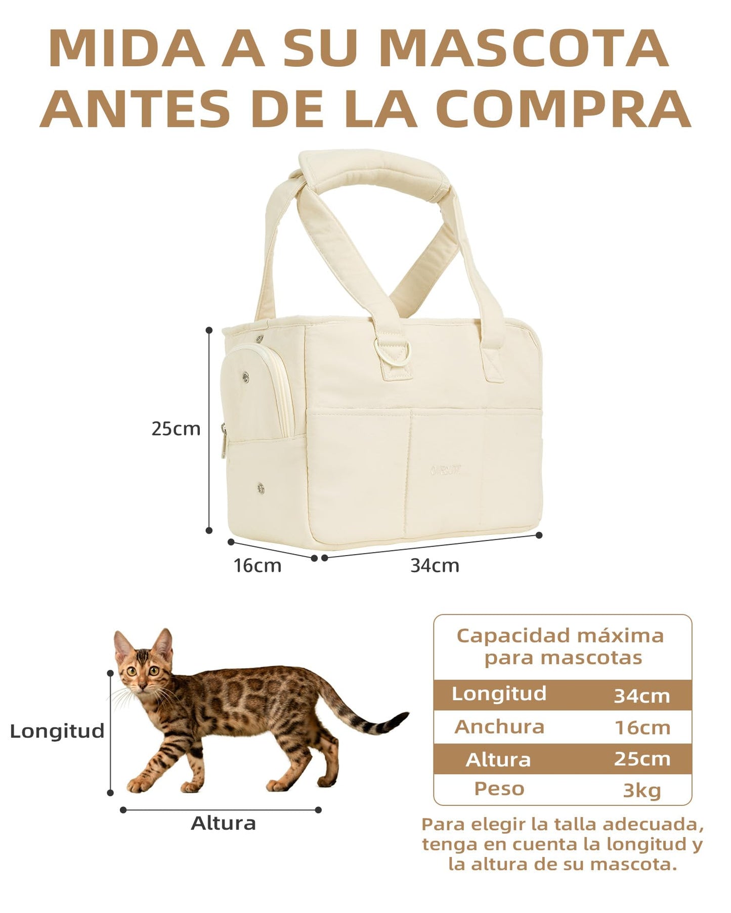 Trasportino per cani di piccola taglia coniglio gatto con grandi tasche, borsa in cotone, trasportino per cani con lati morbidi, trasportino pieghevole per cuccioli da viaggio(beige, 34x16x25 cm).