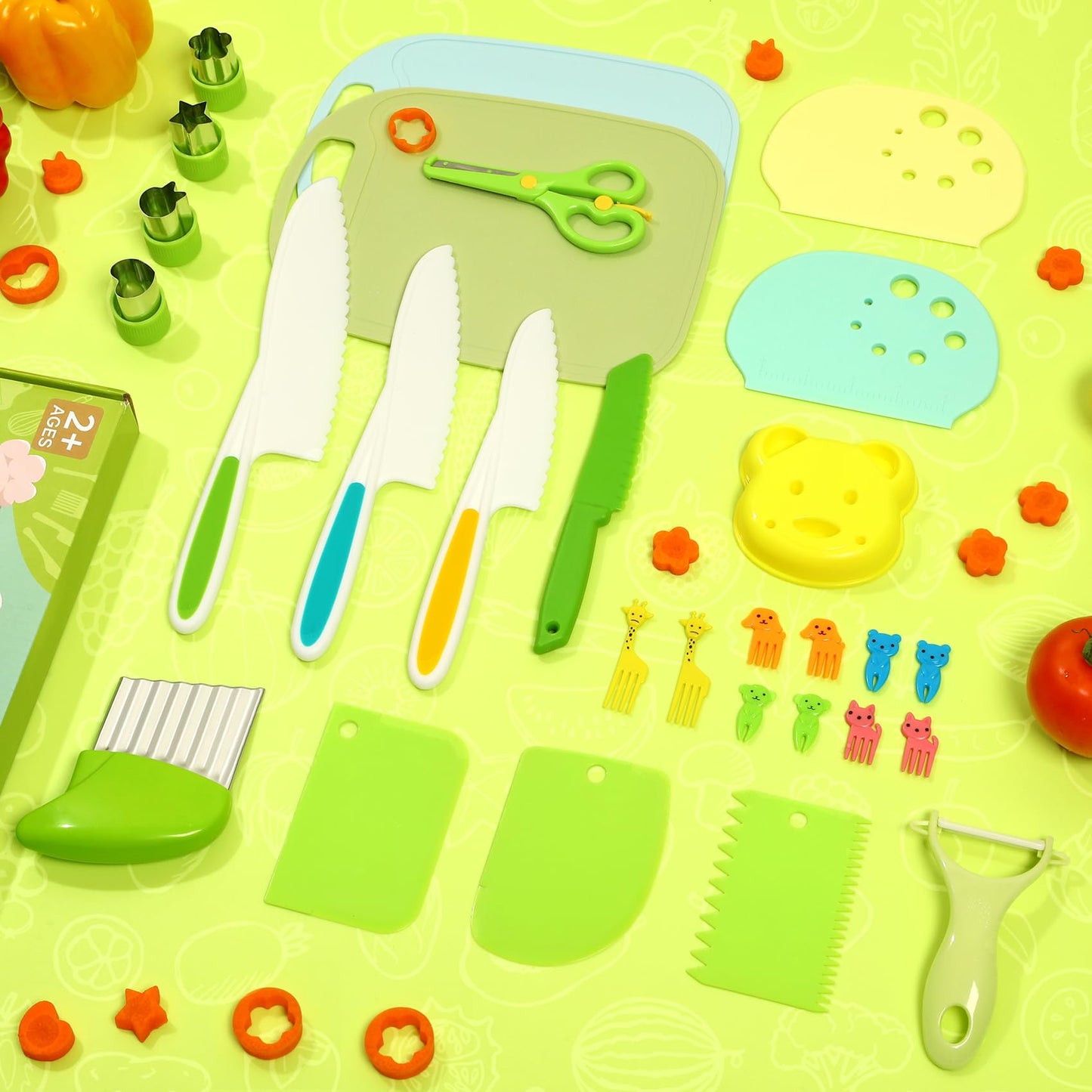 WSIANNG Set di Coltelli da Cucina per Bambini, 29 Pezzi Sicurezza Utensili Cucina per Bambini, Coltello da Cucina per Bambini per Cucinare e Tagliare la Frutta, Montessori Coltello Bambini