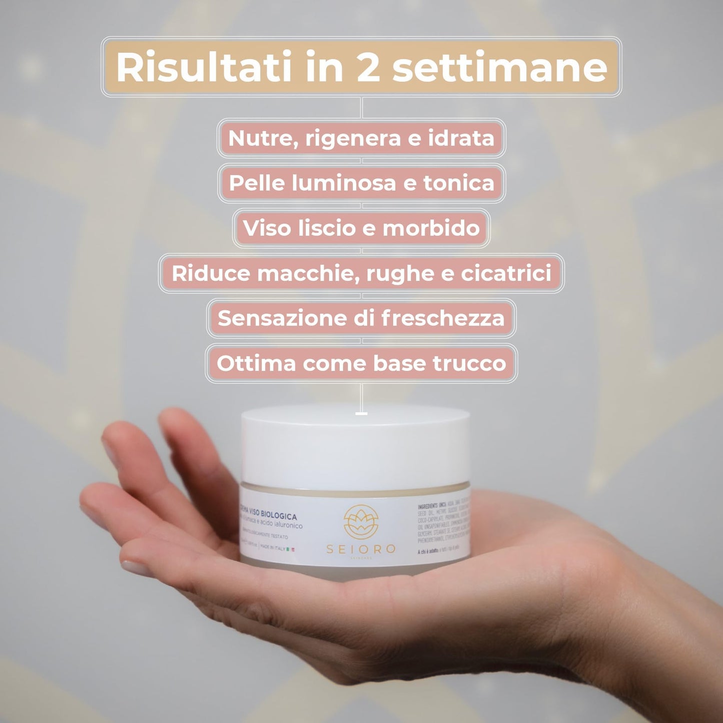 SEIORO Crema Viso Bava di Lumaca Biologica con Acido Ialuronico e Vitamina E. Antirughe Donna Idratante e Antimacchie per Pelle Mista, Secca o Grassa, 50 ml. | 100% Made In Italy