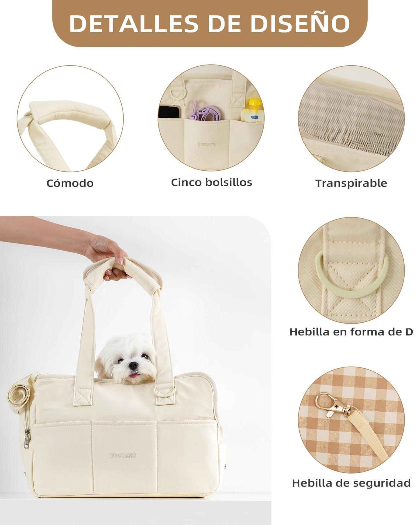 Trasportino per cani di piccola taglia coniglio gatto con grandi tasche, borsa in cotone, trasportino per cani con lati morbidi, trasportino pieghevole per cuccioli da viaggio(beige, 34x16x25 cm).