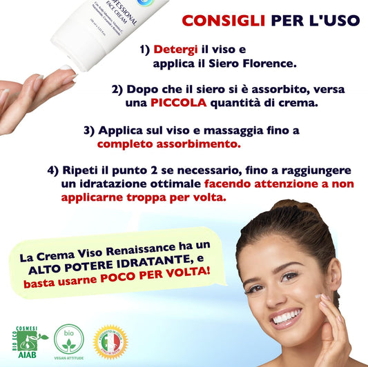 Florence 100 ml. Bio Crema Viso Acido Ialuronico Antirughe, Antietà e Antimacchia per Donna e Uomo. Crema Idratante viso Vitamina C e Retinolo anche per Contorno Occhi. Made in Italy