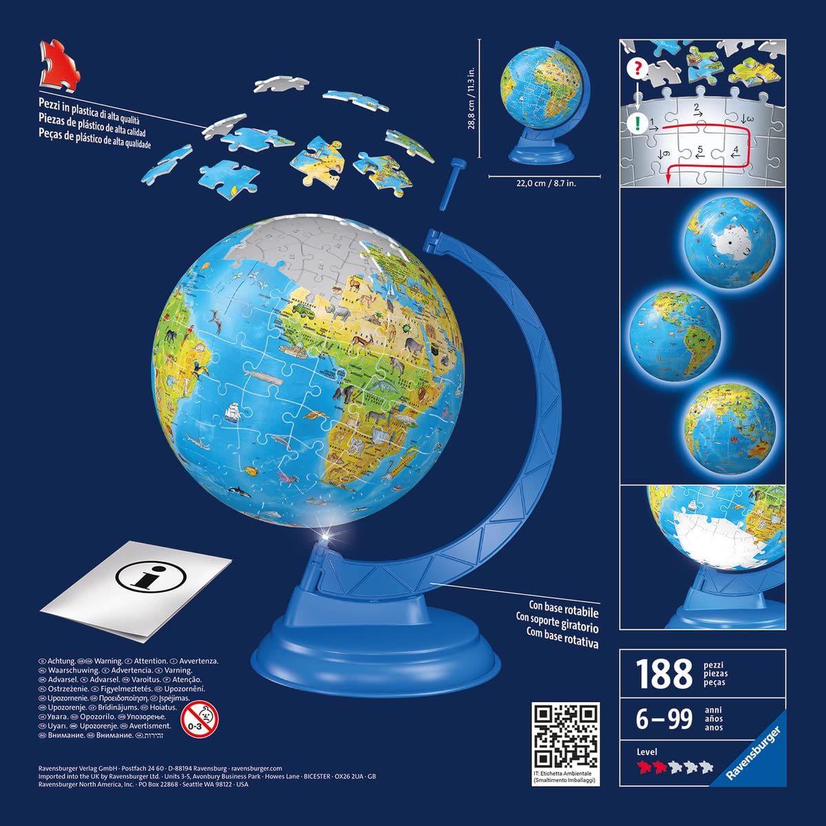 Ravensburger - Puzzle 3D, Globo Night Edition con Luce, Impara la Geografia in Inglese, per Adulti e Bambini 6+ Anni, Idea Regalo, 188 Pezzi