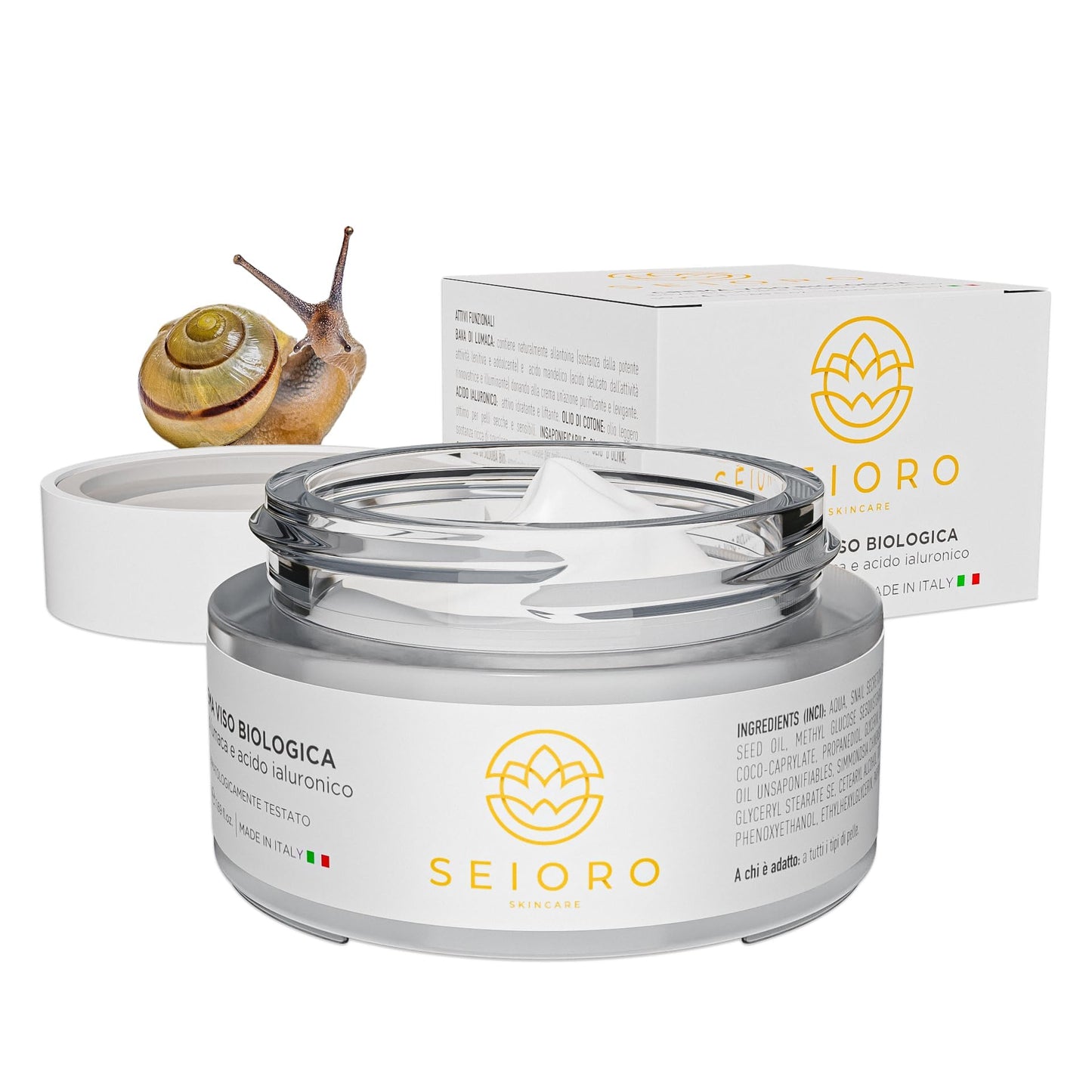 SEIORO Crema Viso Bava di Lumaca Biologica con Acido Ialuronico e Vitamina E. Antirughe Donna Idratante e Antimacchie per Pelle Mista, Secca o Grassa, 50 ml. | 100% Made In Italy