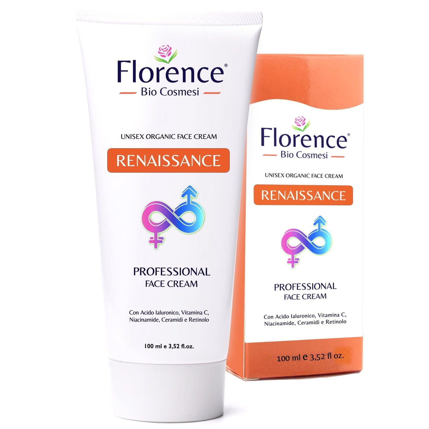 Florence 100 ml. Bio Crema Viso Acido Ialuronico Antirughe, Antietà e Antimacchia per Donna e Uomo. Crema Idratante viso Vitamina C e Retinolo anche per Contorno Occhi. Made in Italy