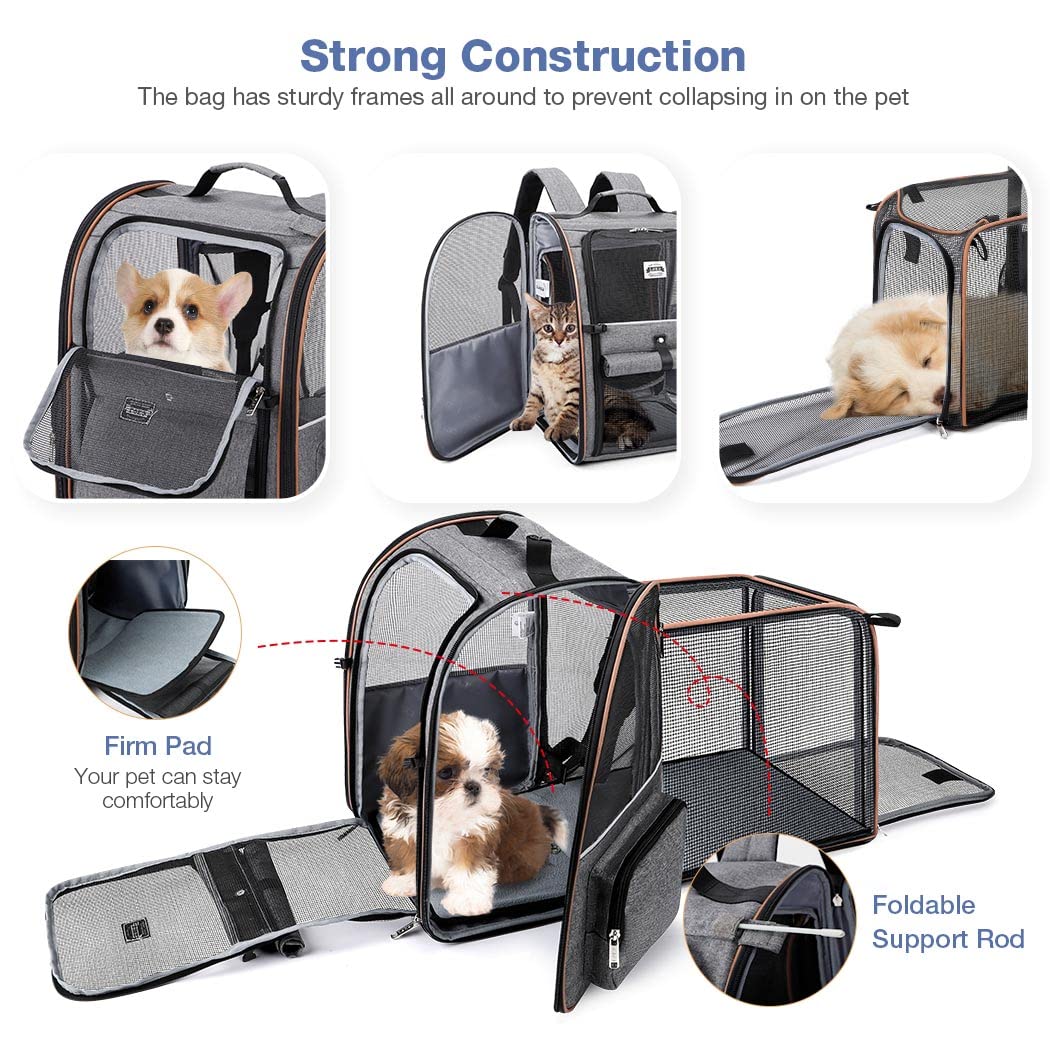 Lekespring Zaino per Cani Gatti Grande Porta Animali Espandibile Per Cani Piccoli Gatti Medi Fino a 8 KG, con 4 ingressi Zaino Traspirante Porta Cuccioli Pieghevole Per Viaggi, Escursioni, Grigio