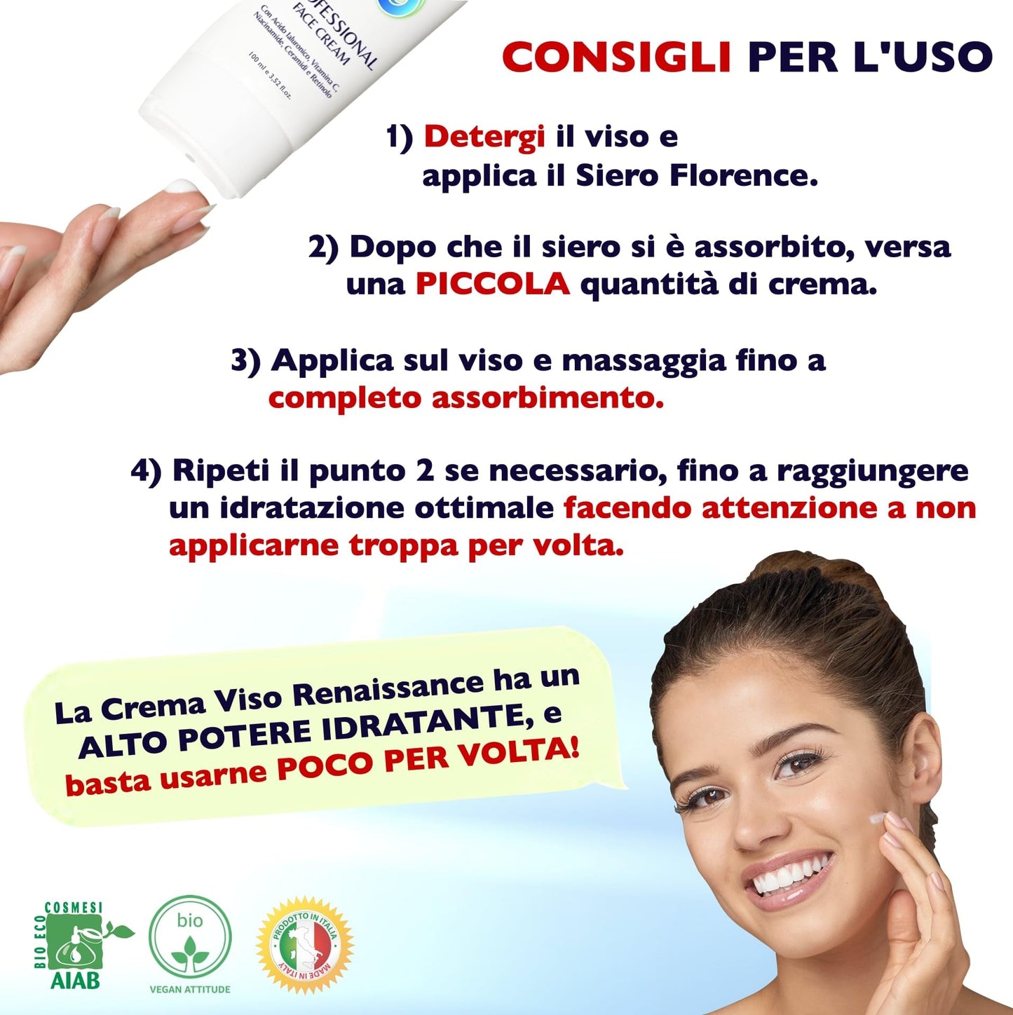 Florence 100 ml. Bio Crema Viso Acido Ialuronico Antirughe, Antietà e Antimacchia per Donna e Uomo. Crema Idratante viso Vitamina C e Retinolo anche per Contorno Occhi. Made in Italy
