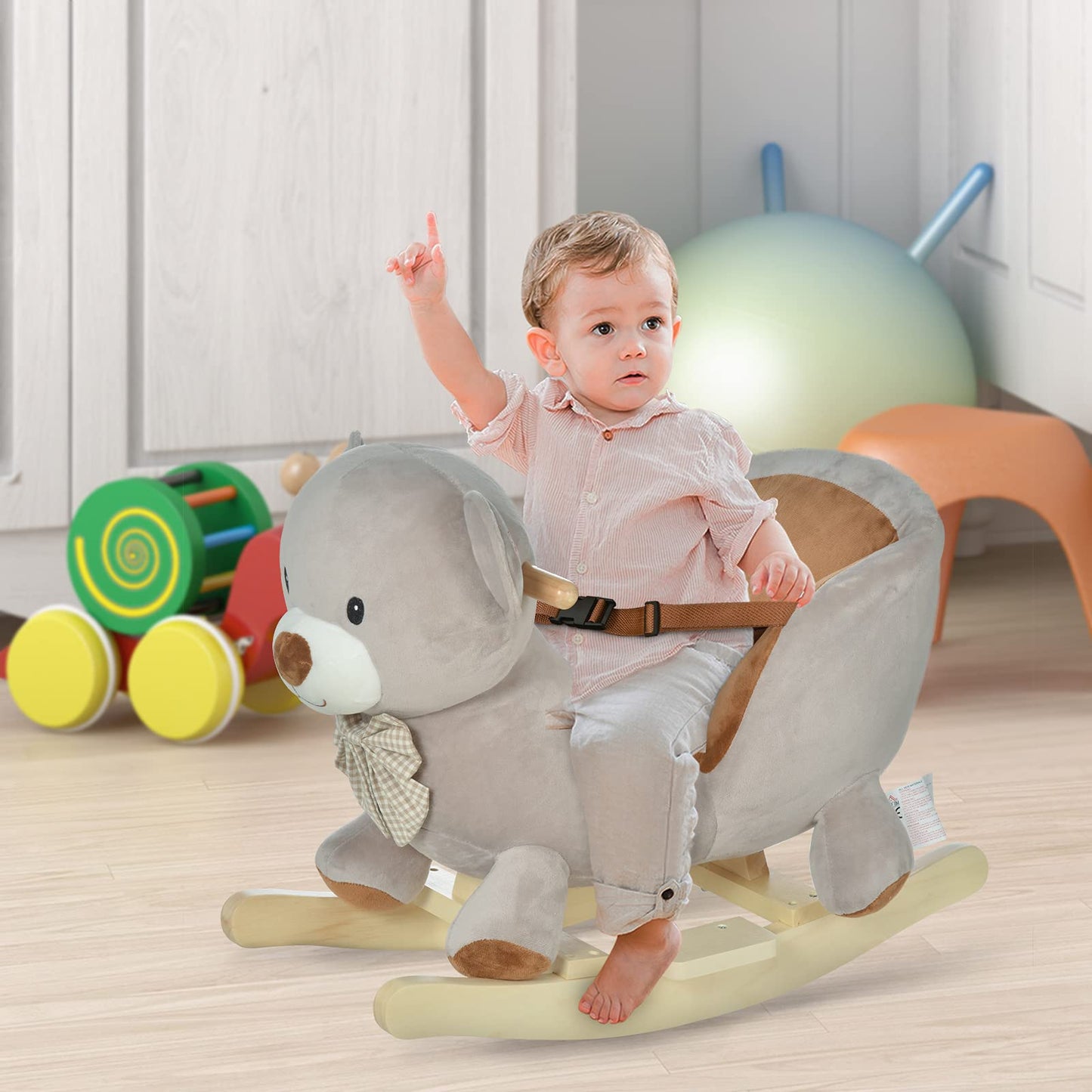 HOMCOM Cavallo a Dondolo a Forma di Orso con Suoni, Cavalluccio a Dondolo per Bambini 18-36 mesi Interattivo, Grigio, 60x33x50cm