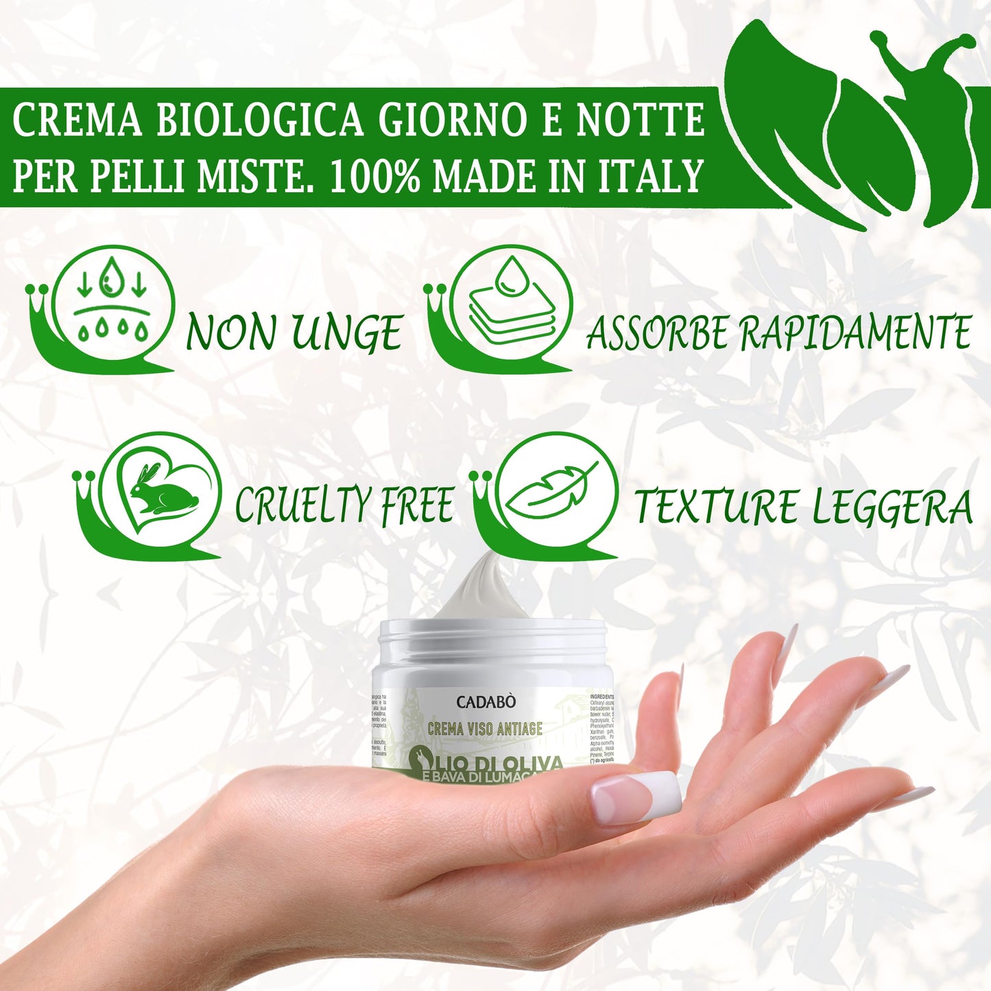CADABO' Crema Viso Antirughe e Antimacchia per Uomo e Donna con Bava di Lumaca e Olio Bio - Made in Italy, Idratante e Nutriente, 50ml