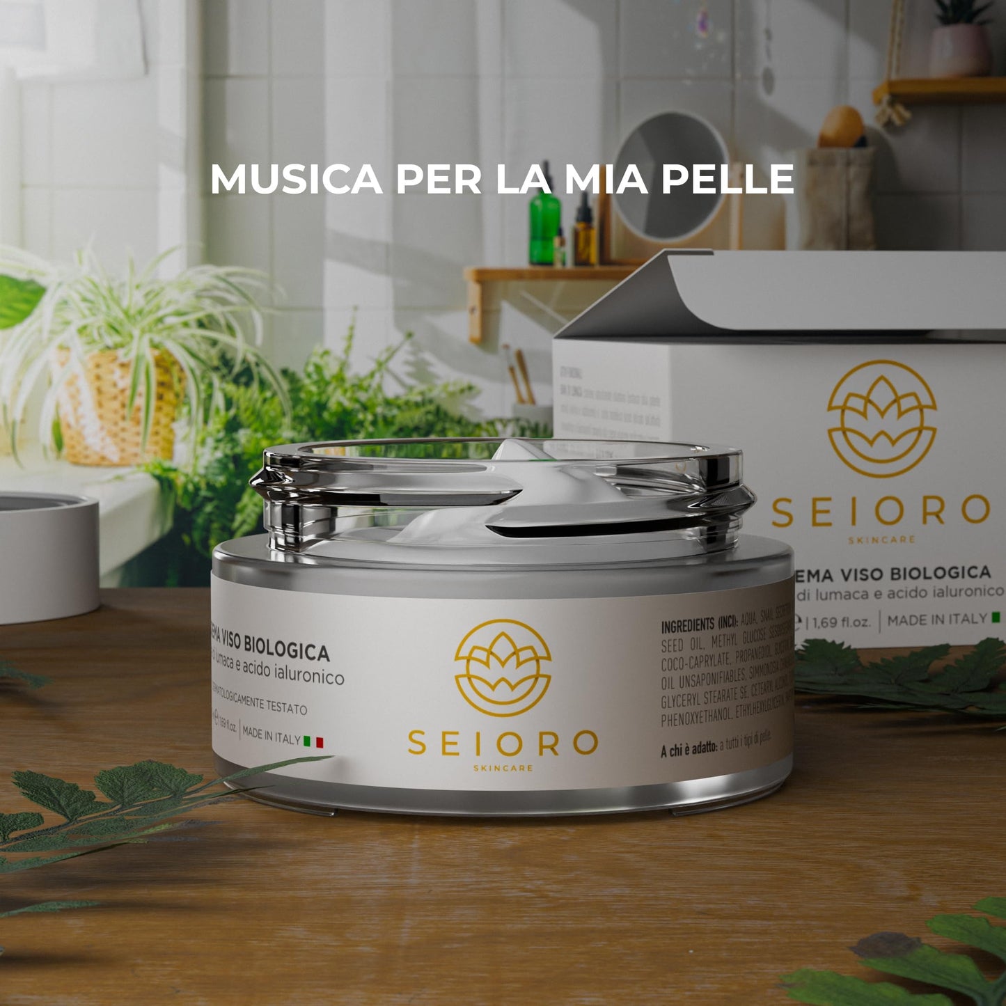 SEIORO Crema Viso Bava di Lumaca Biologica con Acido Ialuronico e Vitamina E. Antirughe Donna Idratante e Antimacchie per Pelle Mista, Secca o Grassa, 50 ml. | 100% Made In Italy