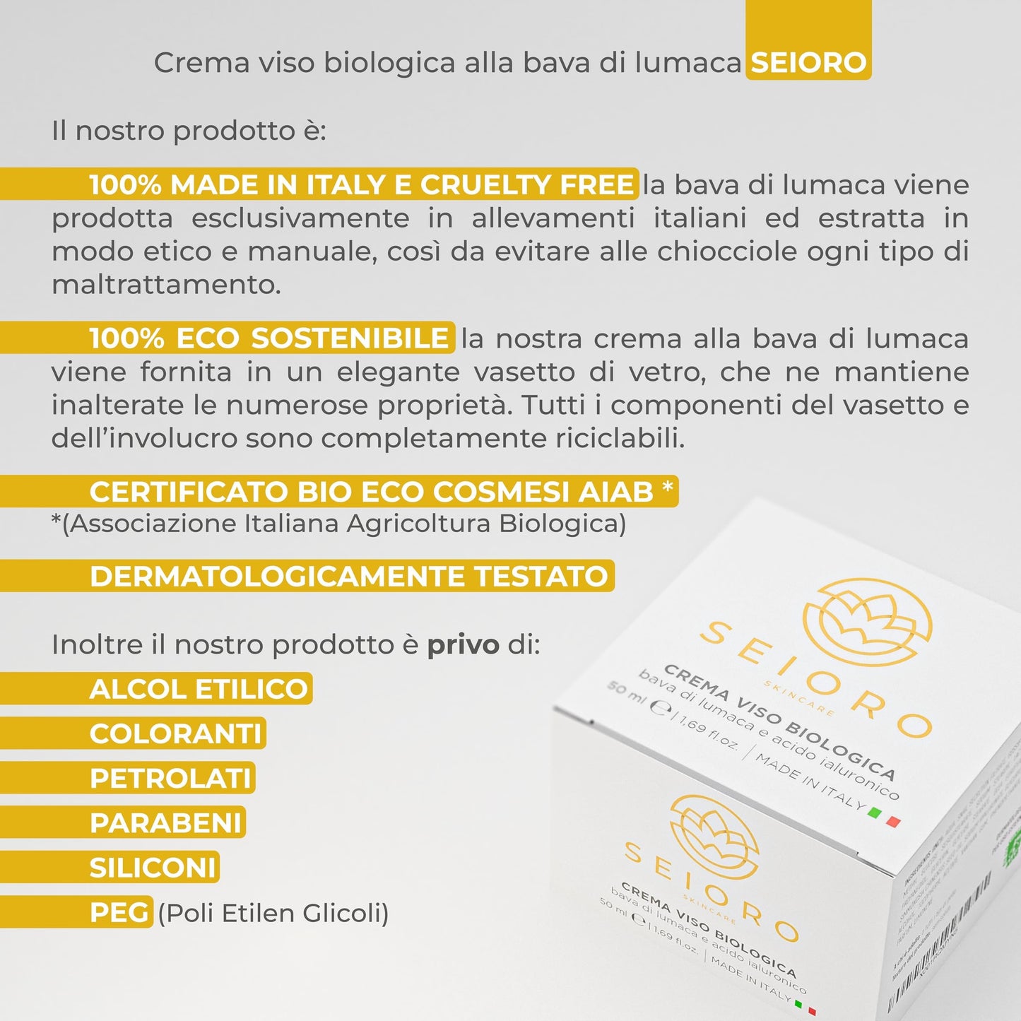 SEIORO Crema Viso Bava di Lumaca Biologica con Acido Ialuronico e Vitamina E. Antirughe Donna Idratante e Antimacchie per Pelle Mista, Secca o Grassa, 50 ml. | 100% Made In Italy