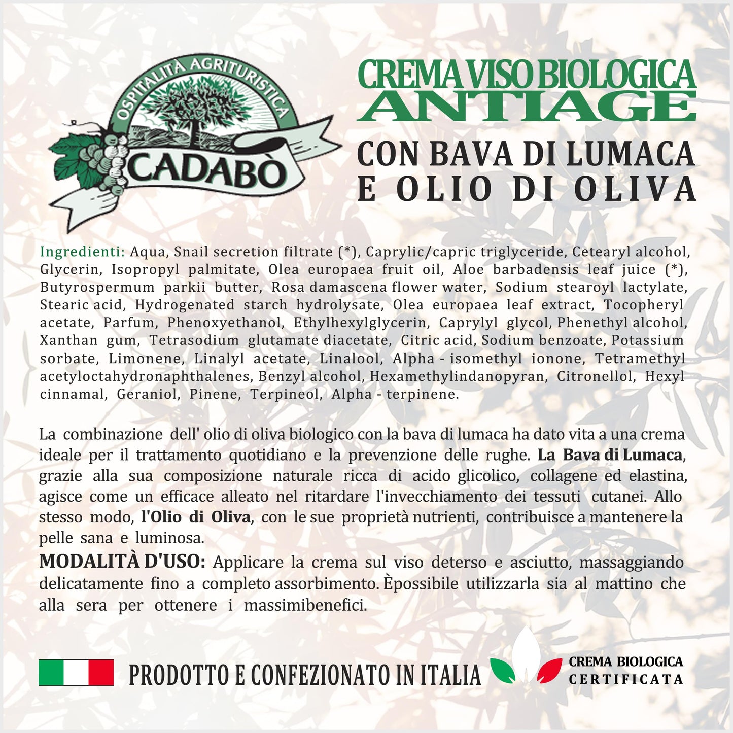 CADABO' Crema Viso Antirughe e Antimacchia per Uomo e Donna con Bava di Lumaca e Olio Bio - Made in Italy, Idratante e Nutriente, 50ml