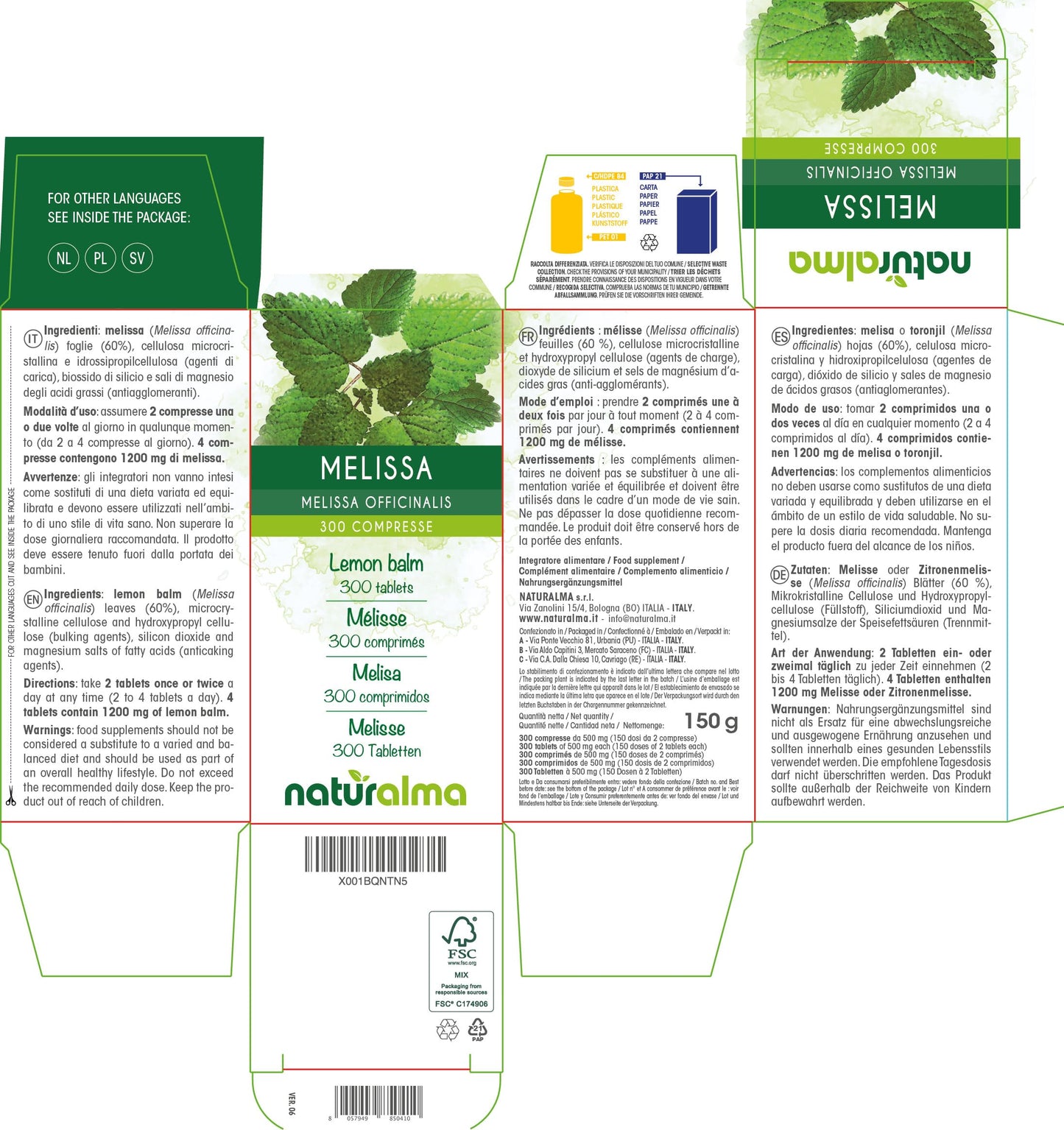 Melissa (Melissa officinalis) foglie Naturalma - 150 g - 300 compresse - Integratore alimentare - Naturale e Vegano