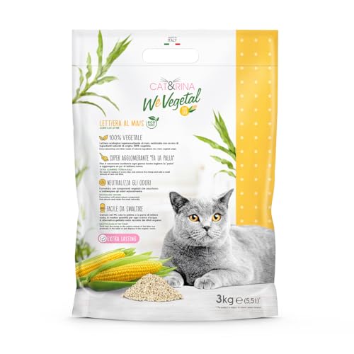 Cat&Rina WeVegetal, lettiera per gatti agglomerante. Sabbia al mais per Gatti, 100% di origine vegetale. Fino a 30 giorni di utilizzo. Si smaltisce nell'organico o nel wc.Confezione da 5,5l