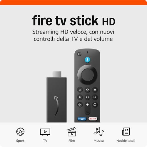 Amazon Fire TV Stick HD (Ultimo modello) | TV gratuita e in diretta, telecomando vocale Alexa, controlli per Casa Intelligente, streaming HD