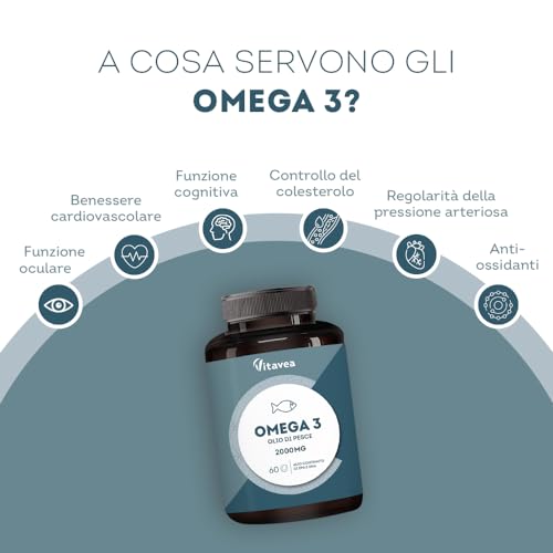 Omega 3 Olio di Pesce con 1000 mg EPA e 500 mg DHA - Alto Dosaggio Quotidiano - Senza Retrogusto - 2000 mg Olio di Pesce - 60 Capsule Softgel - Integratore Omega 3 e Acidi Grassi Essenziali EPA DHA