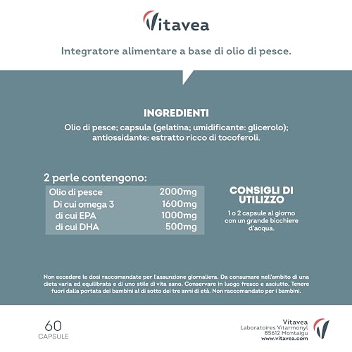 Omega 3 Olio di Pesce con 1000 mg EPA e 500 mg DHA - Alto Dosaggio Quotidiano - Senza Retrogusto - 2000 mg Olio di Pesce - 60 Capsule Softgel - Integratore Omega 3 e Acidi Grassi Essenziali EPA DHA