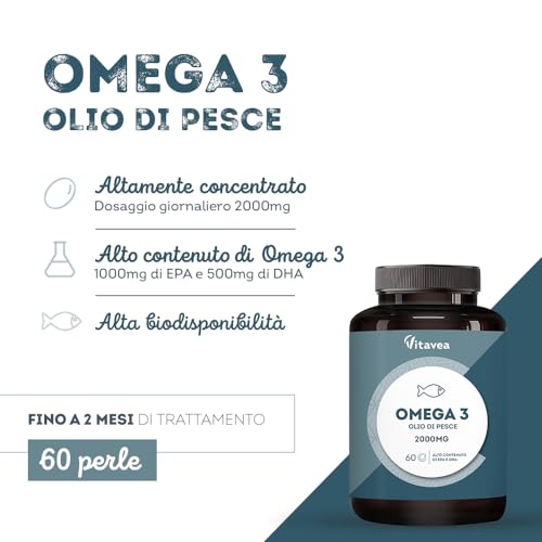 Omega 3 Olio di Pesce con 1000 mg EPA e 500 mg DHA - Alto Dosaggio Quotidiano - Senza Retrogusto - 2000 mg Olio di Pesce - 60 Capsule Softgel - Integratore Omega 3 e Acidi Grassi Essenziali EPA DHA