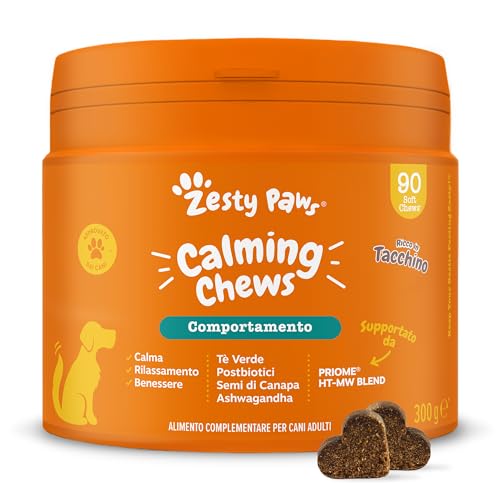 Zesty Paws calmante per cani | Integratore per cani | Ashwagandha, Tè Verde e L-Triptofano | Alimento Complementare per cani Adulti di tutte le taglie | Gusto Tacchino | 90 Pezzi