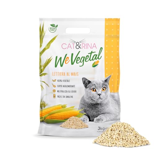 Cat&Rina WeVegetal, lettiera per gatti agglomerante. Sabbia al mais per Gatti, 100% di origine vegetale. Fino a 30 giorni di utilizzo. Si smaltisce nell'organico o nel wc.Confezione da 5,5l