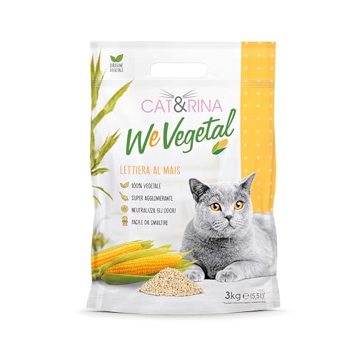 Cat&Rina WeVegetal, lettiera per gatti agglomerante. Sabbia al mais per Gatti, 100% di origine vegetale. Fino a 30 giorni di utilizzo. Si smaltisce nell'organico o nel wc.Confezione da 5,5l