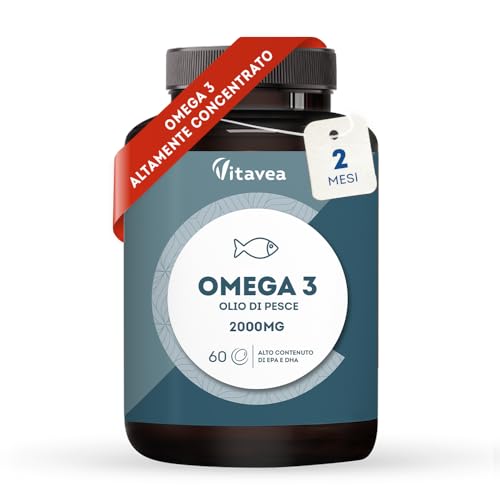 Omega 3 Olio di Pesce con 1000 mg EPA e 500 mg DHA - Alto Dosaggio Quotidiano - Senza Retrogusto - 2000 mg Olio di Pesce - 60 Capsule Softgel - Integratore Omega 3 e Acidi Grassi Essenziali EPA DHA