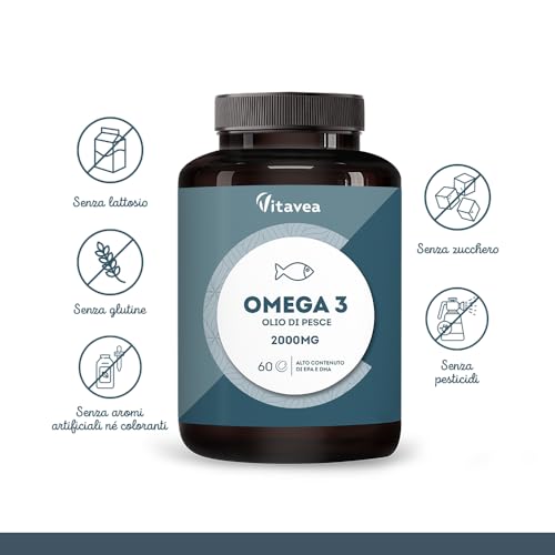 Omega 3 Olio di Pesce con 1000 mg EPA e 500 mg DHA - Alto Dosaggio Quotidiano - Senza Retrogusto - 2000 mg Olio di Pesce - 60 Capsule Softgel - Integratore Omega 3 e Acidi Grassi Essenziali EPA DHA