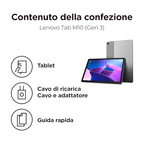 Lenovo Tab M10 3° Gen, Tablet Display 10.1" WUXGA (1920x1200), RAM 4GB, 64GB, 5000mAh, Unisoc T610, Tablet Android 11, Storm Grey, Alimentatore Incluso - Esclusiva Amazon