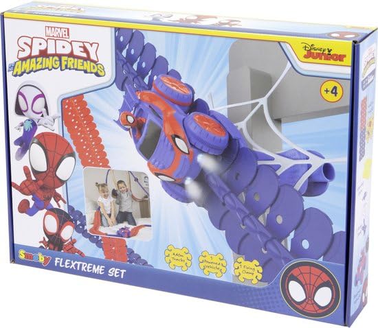 Smoby- Spidey FleXtreme Set, 7600180918, +4 anni, 4.4 m di pista, 184 pz, 1 auto spidey, batterie incluse