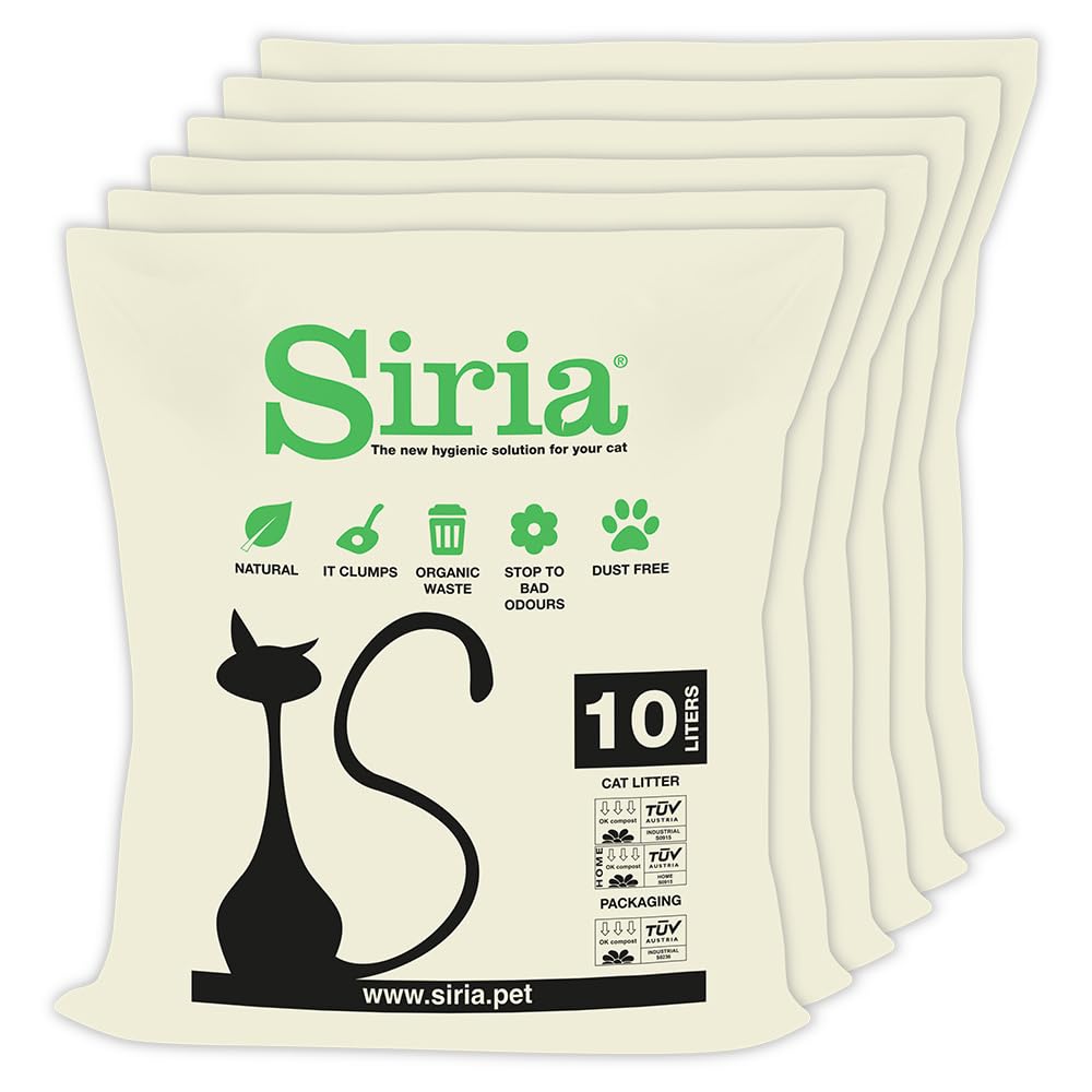 Siria 60L-Lettiera per Gatti Vegetale e Agglomerante-Set 6 sacchi da 10 Litri