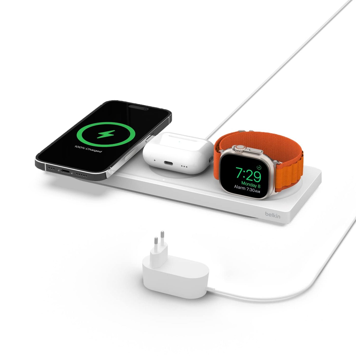 Belkin Caricabatteria wireless 3 in 1 con MagSafe, tappetino di ricarica rapida MFi, caricatore wireless per iPhone 16, 15, 14, 13, 12, Apple Watch 9, 8, 7, Ultra e precedenti, AirPods 2, Pro