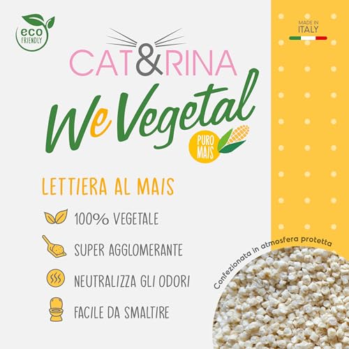 Cat&Rina WeVegetal, lettiera per gatti agglomerante. Sabbia al mais per Gatti, 100% di origine vegetale. Fino a 30 giorni di utilizzo. Si smaltisce nell'organico o nel wc.Confezione da 5,5l