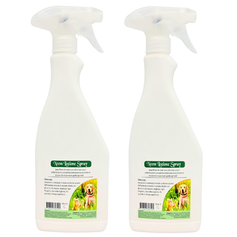 ARGAN ITALIA - Olio di Neem Biologico per Cani e Gatti (2x500ml) Composto da Ingredienti Sgraditi a Pulci, Zecche, Parassiti, 100% Naturale Sicuro per Cani Gatti di Qualsiasi Età Taglia, Made in Italy