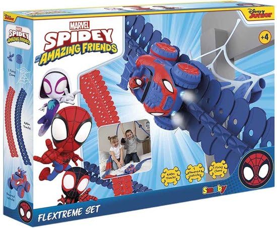 Smoby- Spidey FleXtreme Set, 7600180918, +4 anni, 4.4 m di pista, 184 pz, 1 auto spidey, batterie incluse