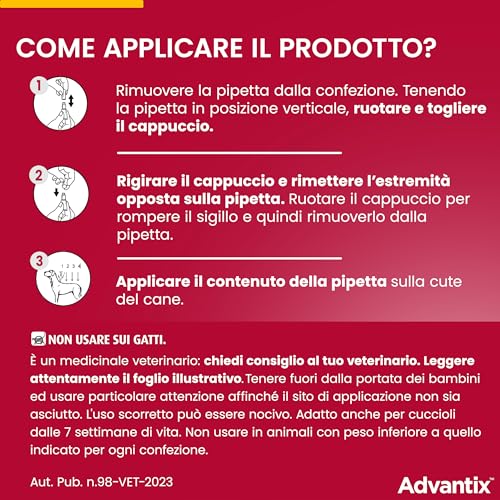 Advantix® Spot-on antiparassitario per Cani da 25 kg a 40 Kg, 4 pipette da 4,0 ml. Elimina zecche, pulci, pidocchi in casa. Protegge da zanzare, pappataci e rischio di leishmaniosi.