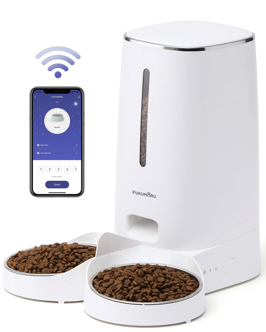 FUKUMARU Distributore Automatico Cibo Gatti, 4L Distributore Cibo Cani con 2 Ciotole in Acciaio Inox, 10 Pasti al Giorno e Controllo del Timer,Consumato per Circa 20 giorni.2.4G WiFi. USB e Batterie