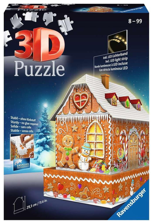 Ravensburger - 3D Puzzle Casetta di Pan di Zenzero Night Edition con Luce, 180 Pezzi, 6+ Anni