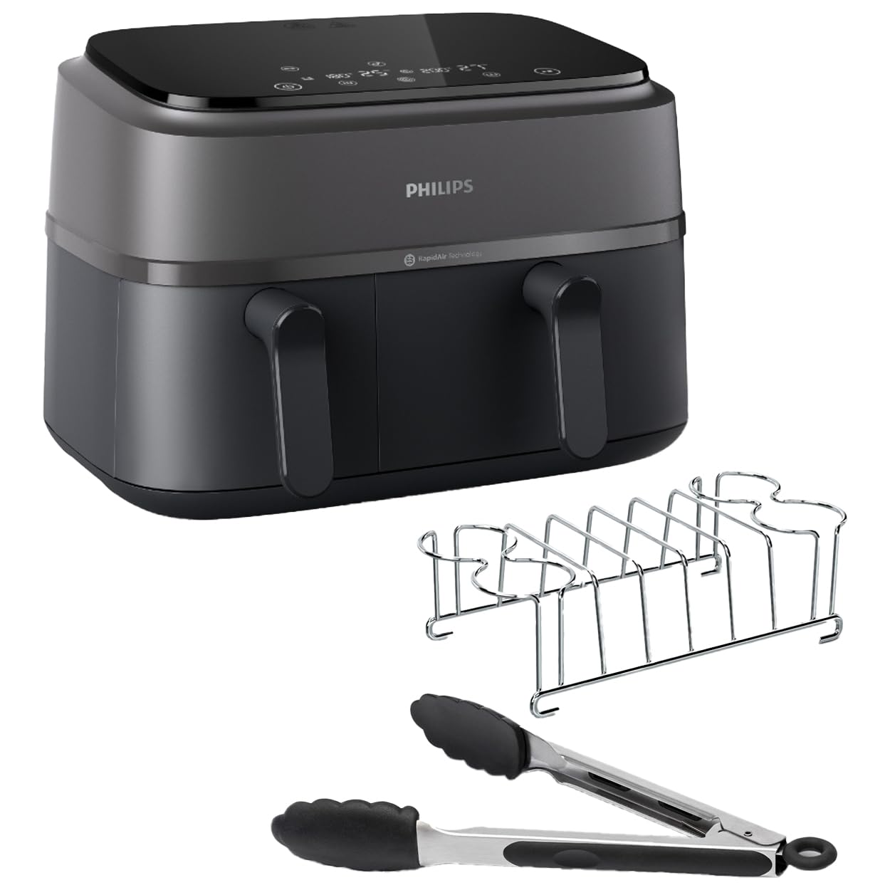 Philips Airfryer Serie 3000 con doppio cestello, 9L, Friggitrice ad aria con 2 cestelli, Kit Per La Colazione, Tecnologia Rapid Air, versatile e capiente per tutta la famiglia