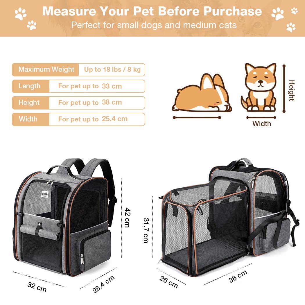 Lekespring Zaino per Cani Gatti Grande Porta Animali Espandibile Per Cani Piccoli Gatti Medi Fino a 8 KG, con 4 ingressi Zaino Traspirante Porta Cuccioli Pieghevole Per Viaggi, Escursioni, Grigio