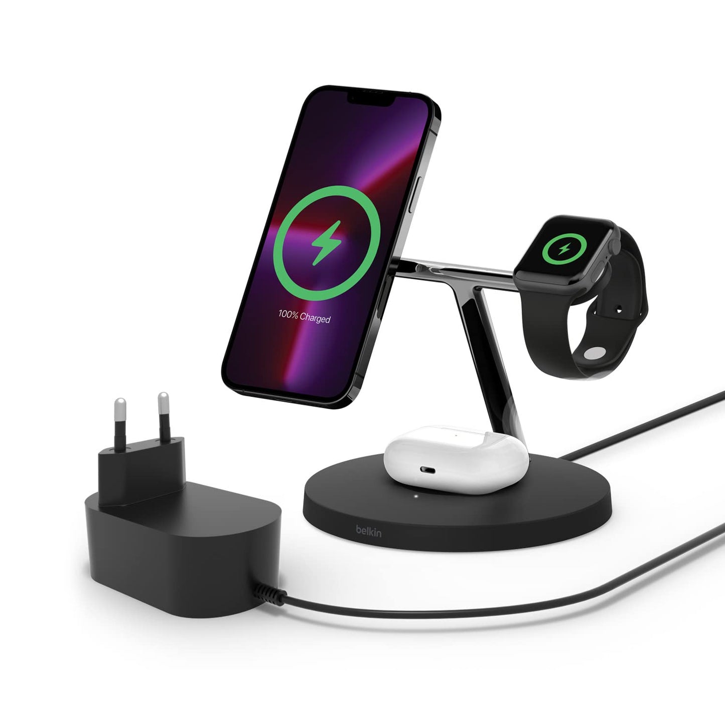 Belkin Caricabatterie wireless 3 in 1 con MagSafe, caricatore wireless rapida per iPhone (15 W) e per Apple Watch, stazione di ricarica per iPhone 16, 15, 14, 13, 12, Apple Watch e AirPods - nero