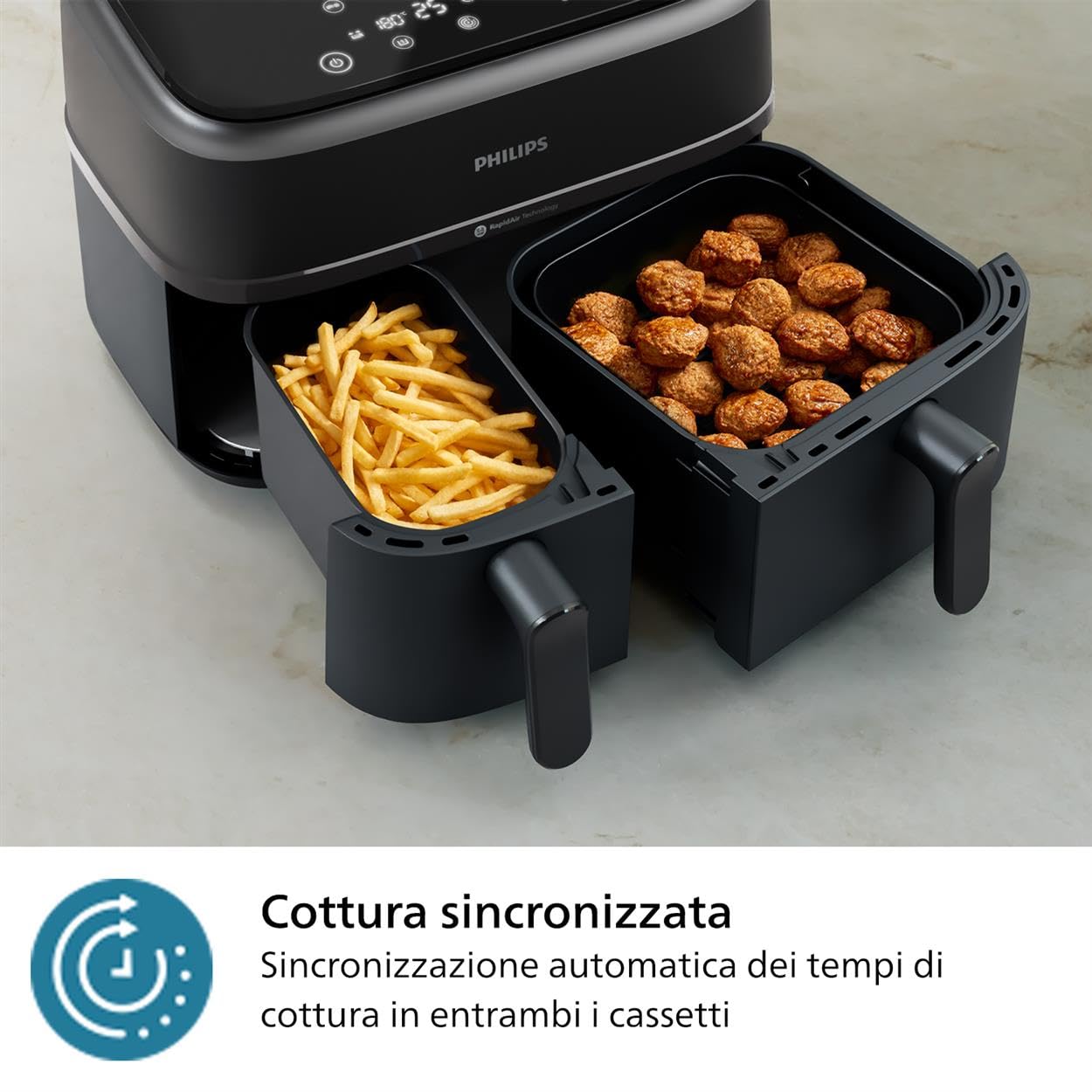 Philips Airfryer Serie 3000 con doppio cestello, 9L, Friggitrice ad aria con 2 cestelli, Kit Per La Colazione, Tecnologia Rapid Air, versatile e capiente per tutta la famiglia