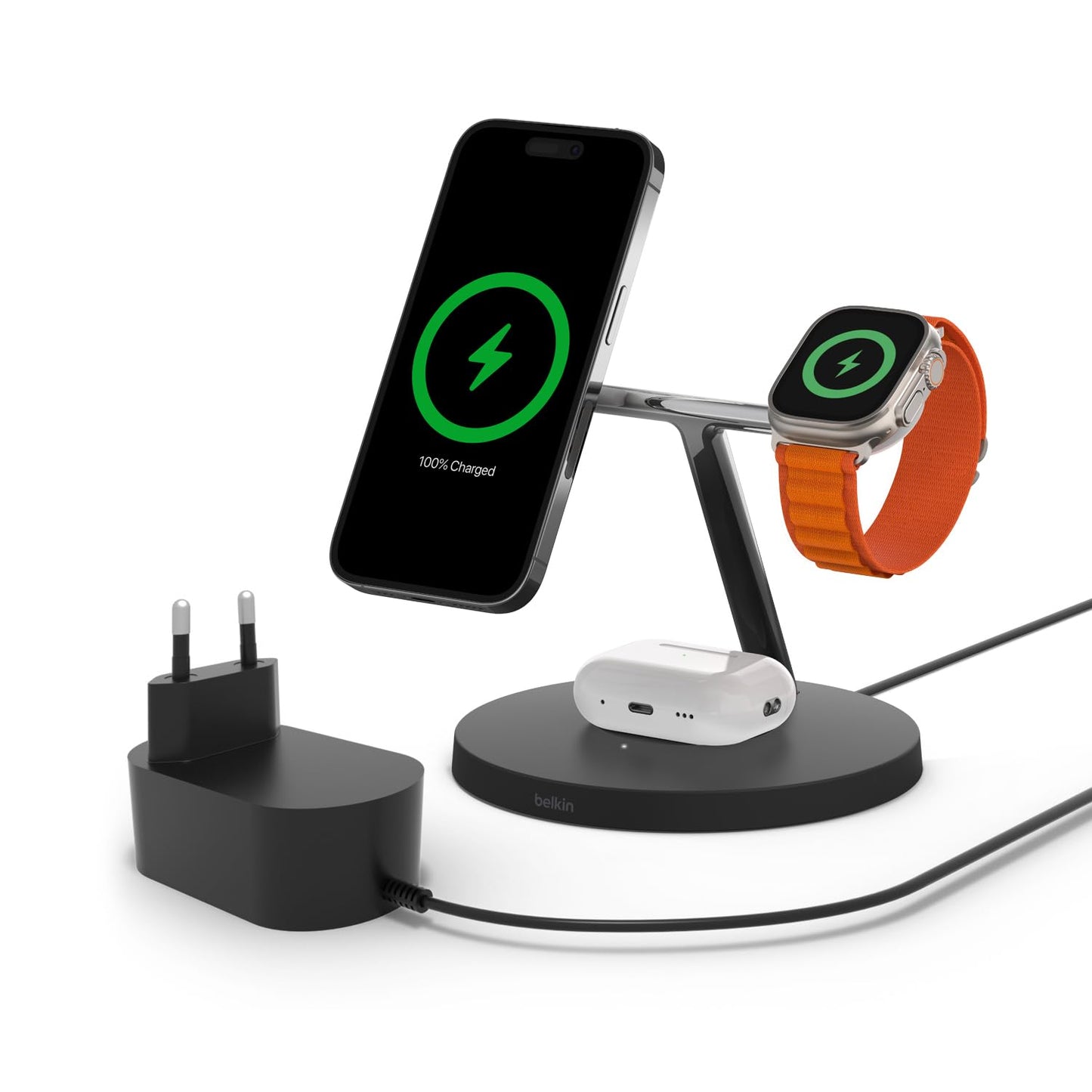 Belkin Caricabatterie wireless 3 in 1 con MagSafe, caricatore wireless rapida per iPhone (15 W) e per Apple Watch, stazione di ricarica per iPhone 16, 15, 14, 13, 12, Apple Watch e AirPods - nero