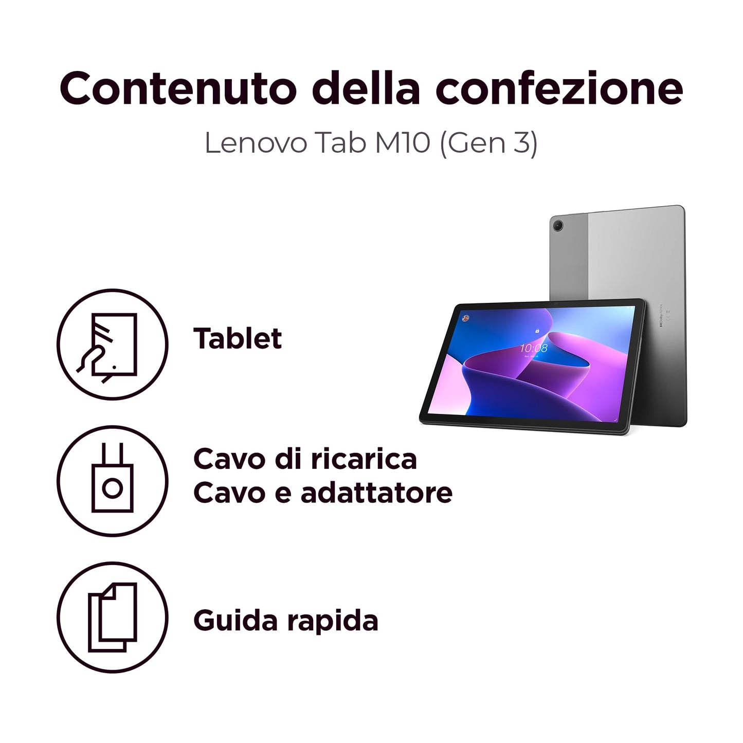 Lenovo Tab M10 3° Gen, Tablet Display 10.1" WUXGA (1920x1200), RAM 4GB, 64GB, 5000mAh, Unisoc T610, Tablet Android 11, Storm Grey, Alimentatore Incluso - Esclusiva Amazon