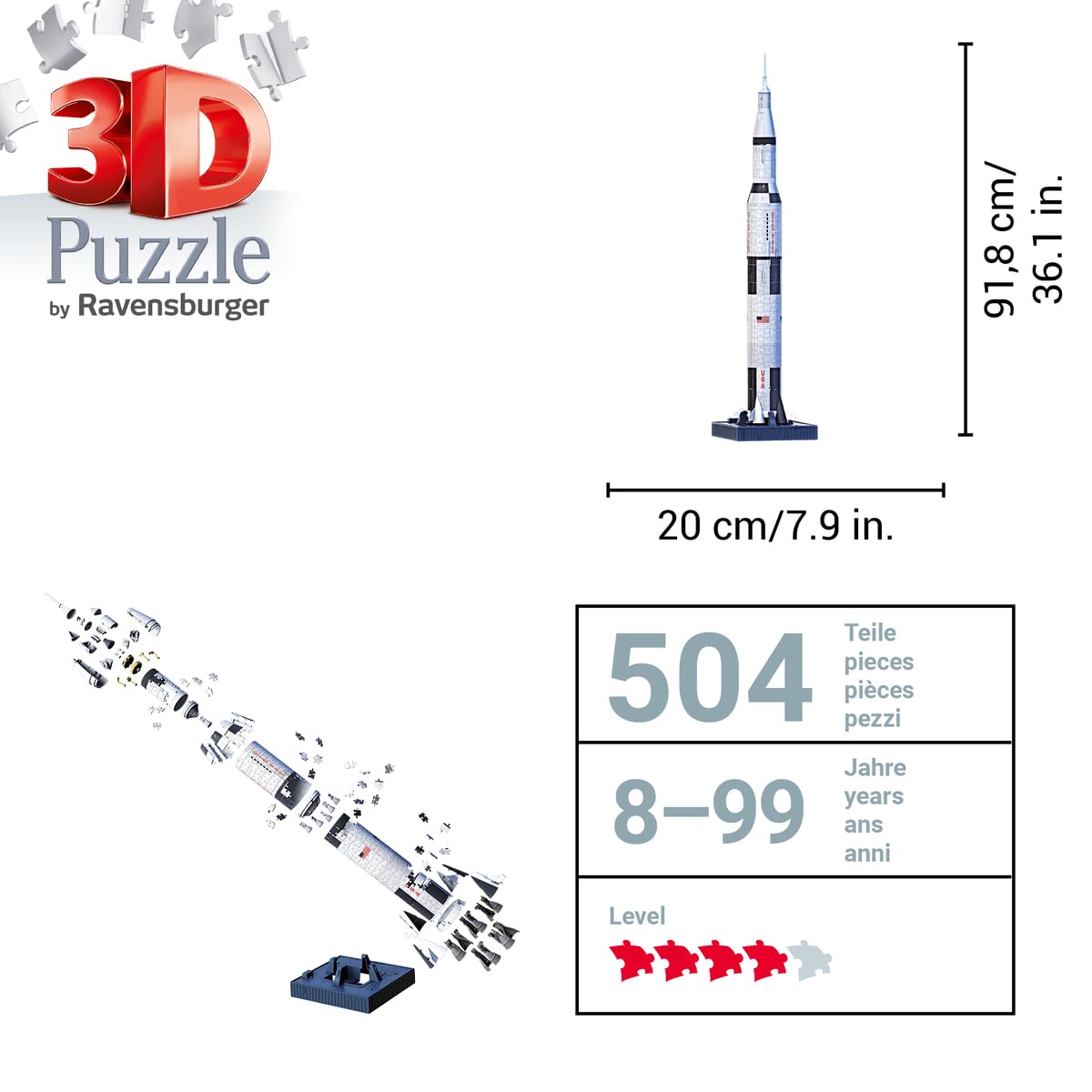 Ravensburger - Puzzle 3D, Apollo Saturn V Rocket, Razzo Spaziale, per Adulti e Bambini 8+ Anni, Idea Regalo, 440 Pezzi